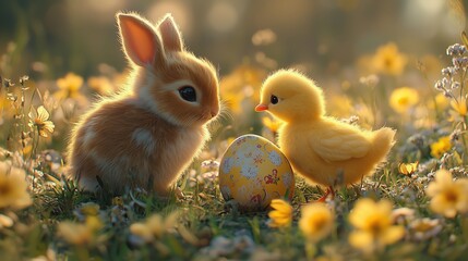A cute bunny and a chick sit near a decorative egg amidst vibrant flowers, capturing a joyful springtime scene.