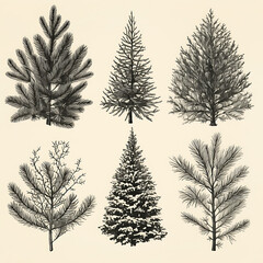 Naklejka premium .Illustration of trees, leaves, grass and various botanical elements on a white background.