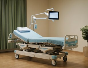 Modern hospital bed with adjustable features and a mounted screen in a serene, well-lit room.