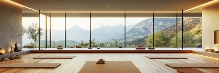 Fototapeta premium Serene yoga studio mountain view minimalist mats. AI generated