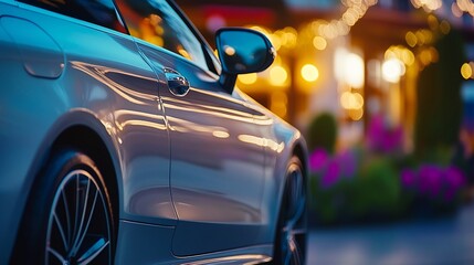 Naklejka premium Modern car gleaming under cityscape lights with elegant reflections and vibrant hues