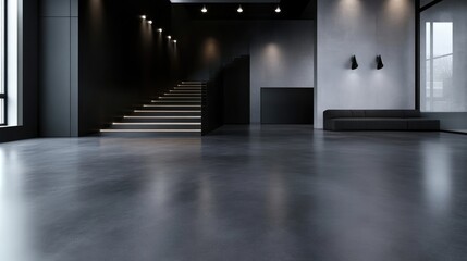 Fototapeta premium Modern, minimalist lobby with dark gray concrete floors and black accents. Staircase ascends to upper levels