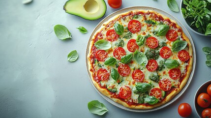A colorful pizza topped with fresh tomatoes, basil, and broccoli, surrounded by ingredients like avocado and salad greens on a light background.
