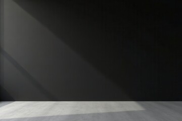 Dark Room Interior with Light Streaks on a Concrete Floor and a Blank Wall