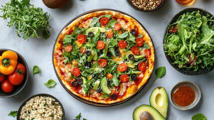 A vibrant pizza topped with fresh greens, cherry tomatoes, and olives, surrounded by bowls of salad, quinoa, and avocado, showcasing a healthy meal prep.