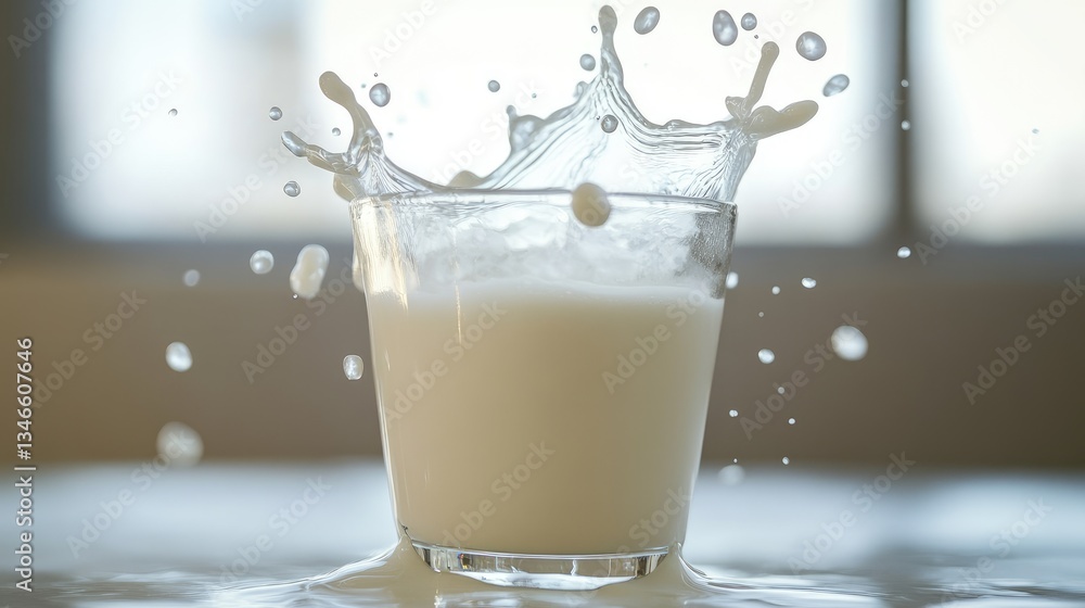 Poster milk splashes into a glass, the creamy texture frozen in mid-air as it forms a perfect swirl of moti
