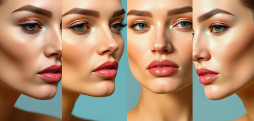 Naklejka premium Panel de belleza de cuatro partes que muestra líneas de mandíbula con un contorno perfecto, piel suave y radiante e iluminación de alta costura
