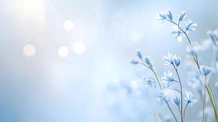 Soft blue flowers bloom elegantly in a dreamy pastel background, creating a peaceful nature scene. Perfect for floral prints, backgrounds, and artistic compositions. Selective focus