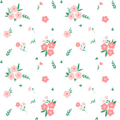 Seamless pattern with pink flowers and bouquets