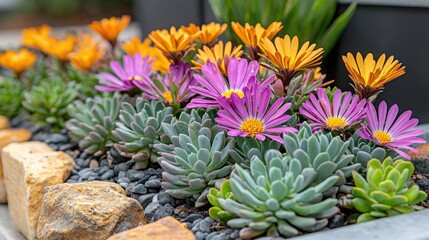 Fototapeta premium Colorful flowers and succulents in a garden bed