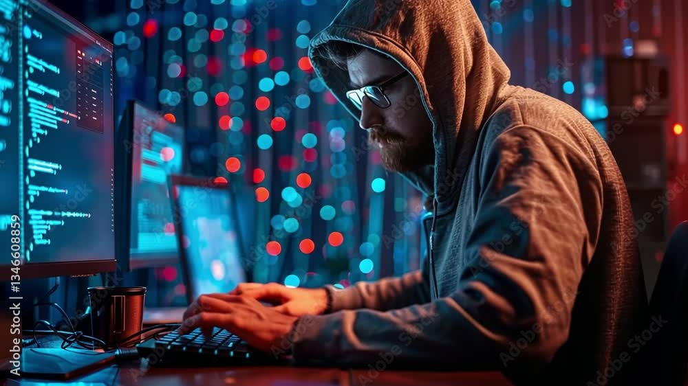 Poster expert hacker working meticulously to breach data protection using advanced malware techniques in a 