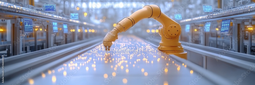 Poster precision robotic arm in bright automated factory line