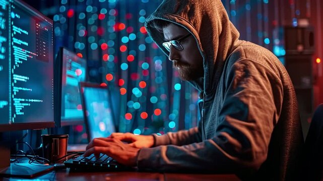 Expert hacker working meticulously to breach data protection using advanced malware techniques in a cyber environment