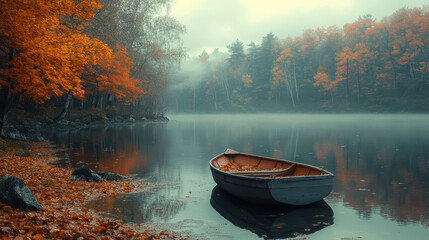 Tranquil boat floating on a mirror-like lake surrounded by mountains and lush forests in a picturesque outdoor setting
