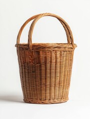Obraz premium Woven Basket with Handles Empty Against White Backdrop for Storage Uses