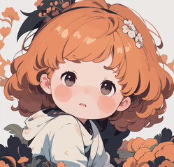 A Cute Anime Girl with Orange Curly Hair and Flowers