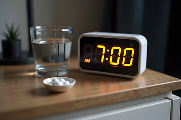 A bedside table features a digital alarm clock displaying 7:00 am alongside a glass of water and a small dish of white pills, creating a morning routine atmosphere