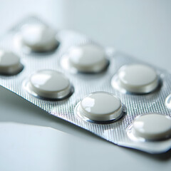 Close-up of a blister pack containing white tablets with a smooth surface arranged evenly, highlighting their glossy finish and circular shape
