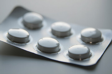 shiny white tablets arranged neatly in a blister pack resting on a smooth surface, suggesting a focus on health and wellness