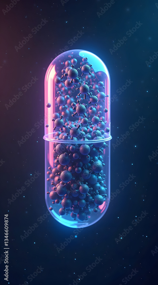Poster a vibrant capsule filled with colorful spheres and molecules floats in a cosmic background, blending