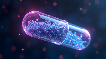 A transparent capsule filled with vibrant blue particles glows against a dark background, creating a futuristic and scientific ambiance