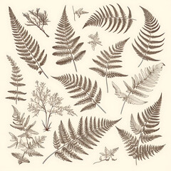 .Illustration of trees, leaves, grass and various botanical elements on a white background.
