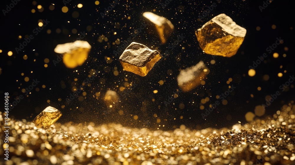 Poster several golden nuggets appear to levitate above a pile of gold dust, frozen in time, with a stark bl