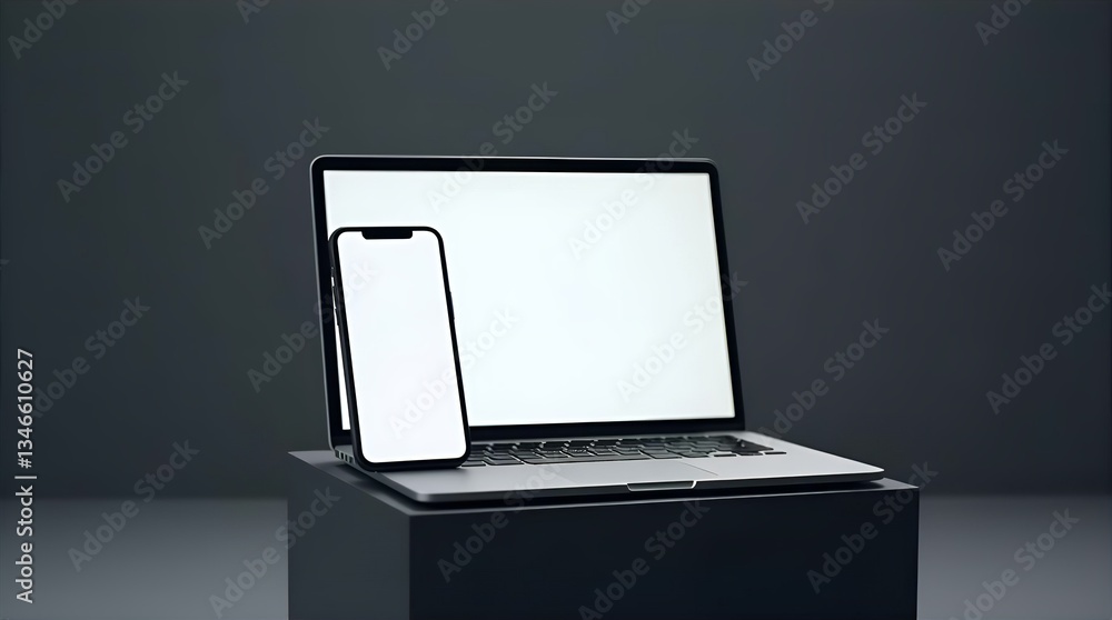 Poster clean minimalist laptop smartphone mockup blank white screens dark background responsive web applica