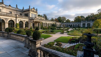 Obraz premium Elegant garden architecture at historic estate lush greenery daylight scene serene atmosphere