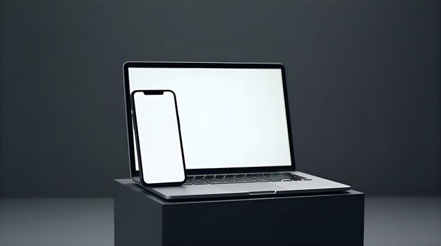 Clean Minimalist Laptop Smartphone Mockup Blank White Screens Dark Background Responsive Web Application Design Template