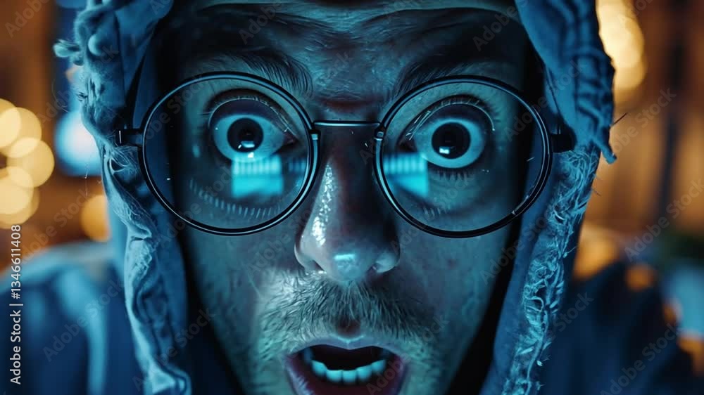 Poster confused hacker shocked by malware data breach while working on data protection firewall