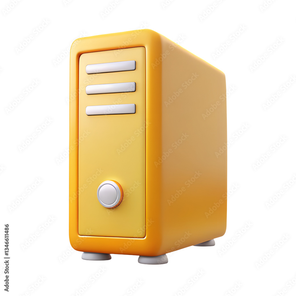 Poster orange system unit of a computer icon. 3d rendering isolated on white background. cartoon plastic st