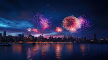 Fototapeta premium Spectacular fireworks illuminate the night sky over a cityscape at dusk