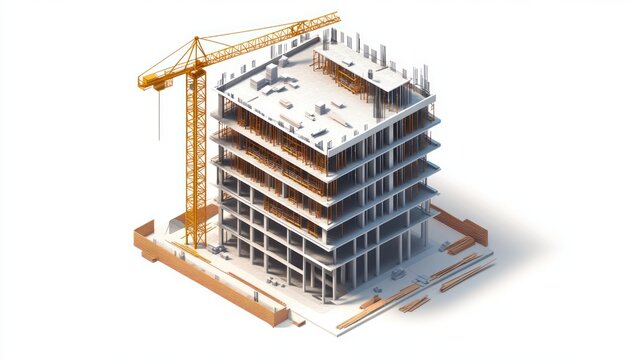 Construction site isometric view, building under construction, crane, urban scene, 3D model, illustration, architectural design, high-rise building