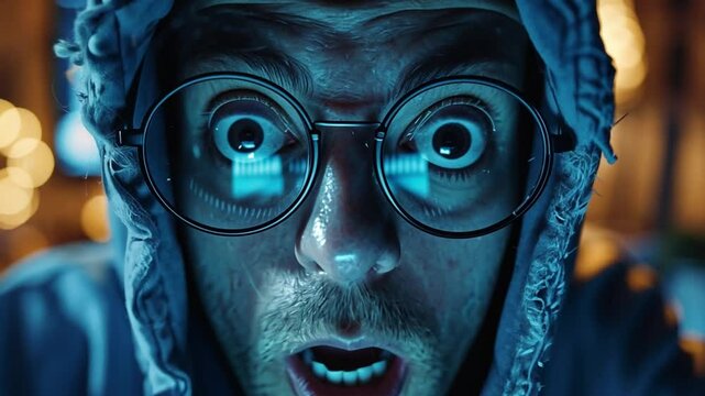 Confused hacker shocked by malware data breach while working on data protection firewall