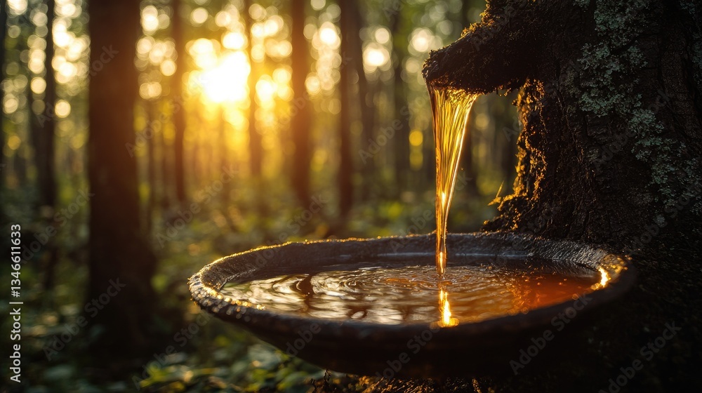 Poster sunset light illuminating rubber sap flowing from a tree into a collection bowl in a peaceful forest
