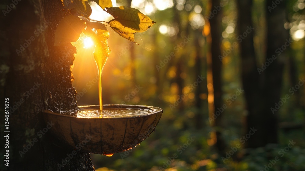 Poster sunset light illuminating rubber sap flowing from a tree into a collection bowl in a peaceful forest