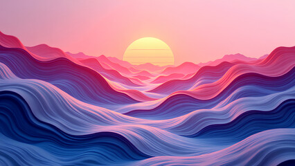 A vibrant landscape depicting stylized waves in shades of pink and blue with a large sun setting in the background.