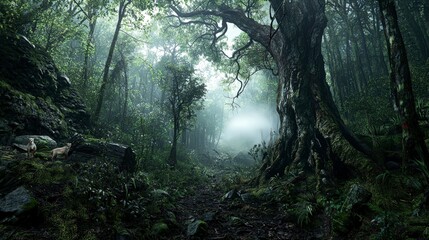 Mysterious forest exploration enchanted woods nature photography foggy atmosphere ground level serenity and adventure