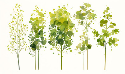 Fototapeta premium .Illustration of trees, leaves, grass and various botanical elements on a white background.
