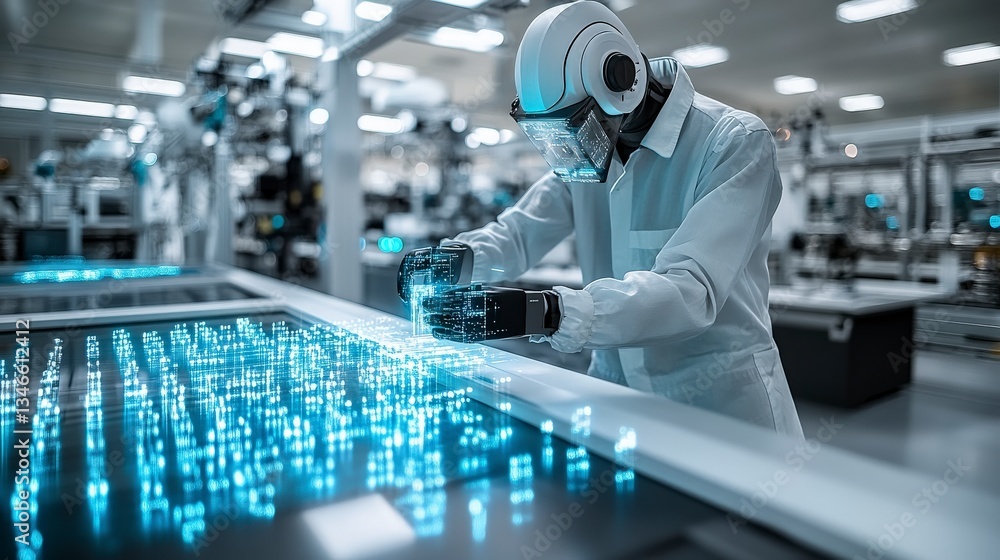 Poster operator in technological suit with digital interface