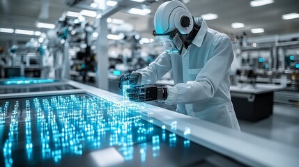 Operator in technological suit with digital interface