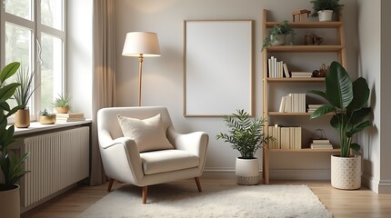 Serene Living Room Interior: A cozy living space bathed in natural light. Featuring a comfortable armchair, framed artwork, and plants, creating a perfect blend of comfort and style. 