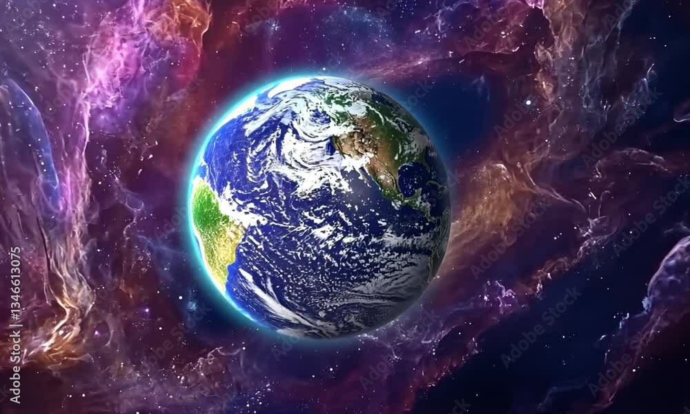 Poster earth spinning in a digital galaxy with streams of glowing data and the access to information icon r
