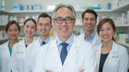 Fototapeta premium diverse team of pharmacists smiles confidently in pharmacy setting, showcasing professionalism and teamwork