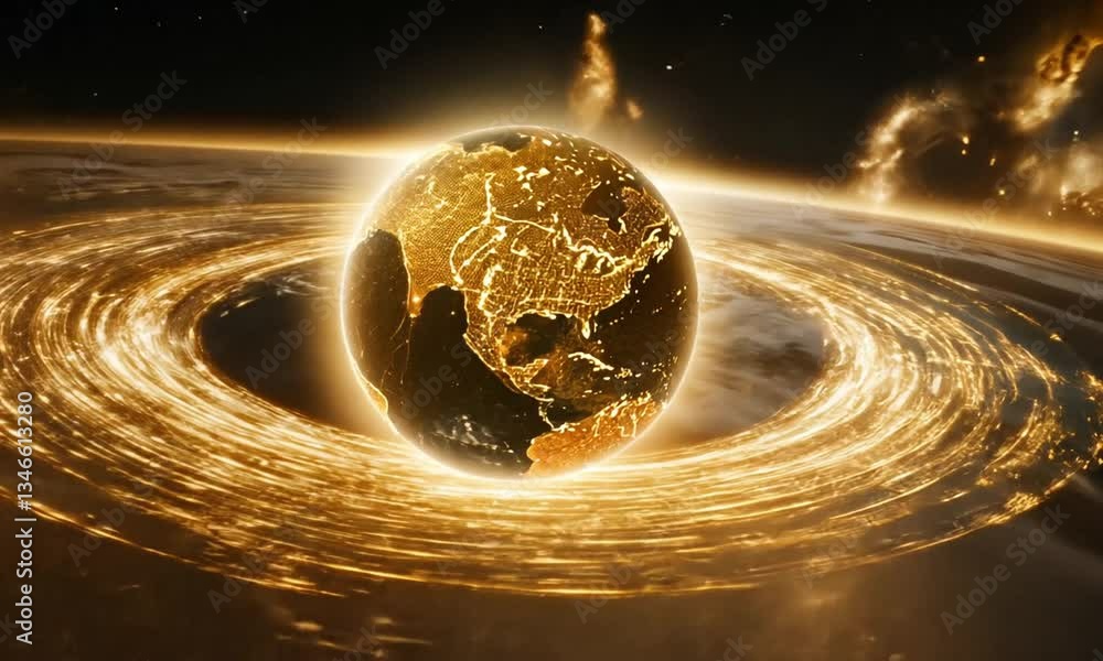 Poster a futuristic earth within a vast digital galaxy with data streams connecting continents and access i