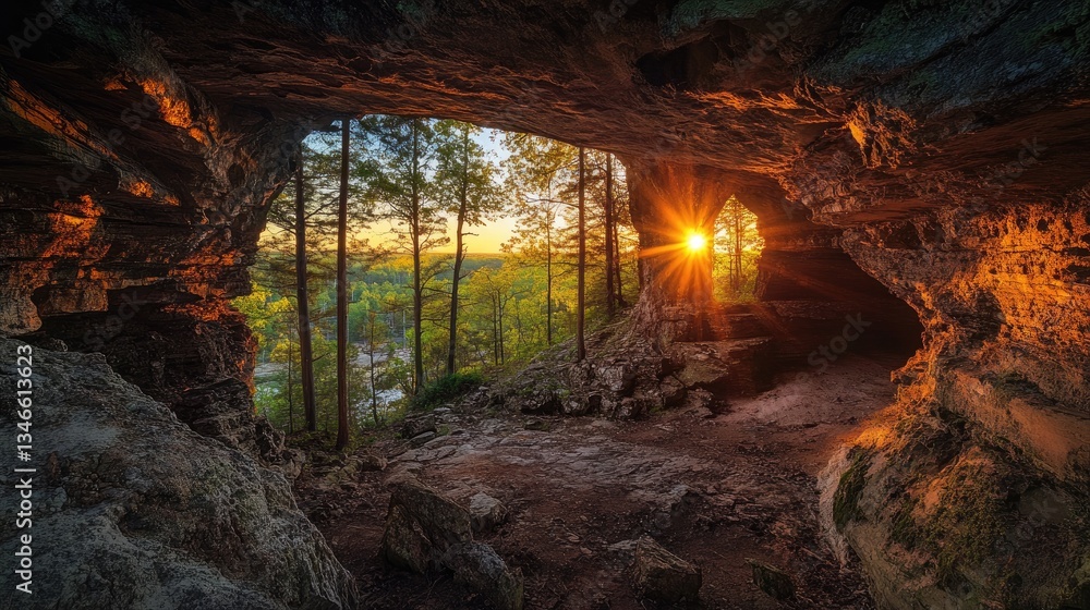 Poster the golden light of a setting sun filters through a cave opening, casting dramatic shadows and creat