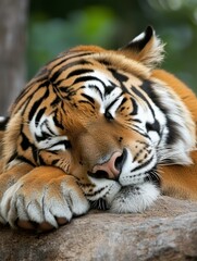 Fototapeta premium Sleeping tiger head close-up majestic stripes. AI generated