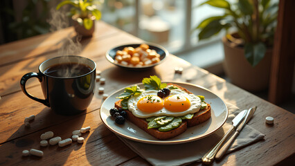 A cozy breakfast scene featuring eggs on toast, fresh greens, berries, and a steaming cup of coffee, set on a wooden table with natural light.