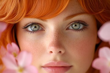 Gorgeous caucasian young woman surrounded by cherry blossoms. Spring mood, golden sunrise and fog. Commercial promotion visual idea graphic concept art. Bright woman in blooming spring garden.